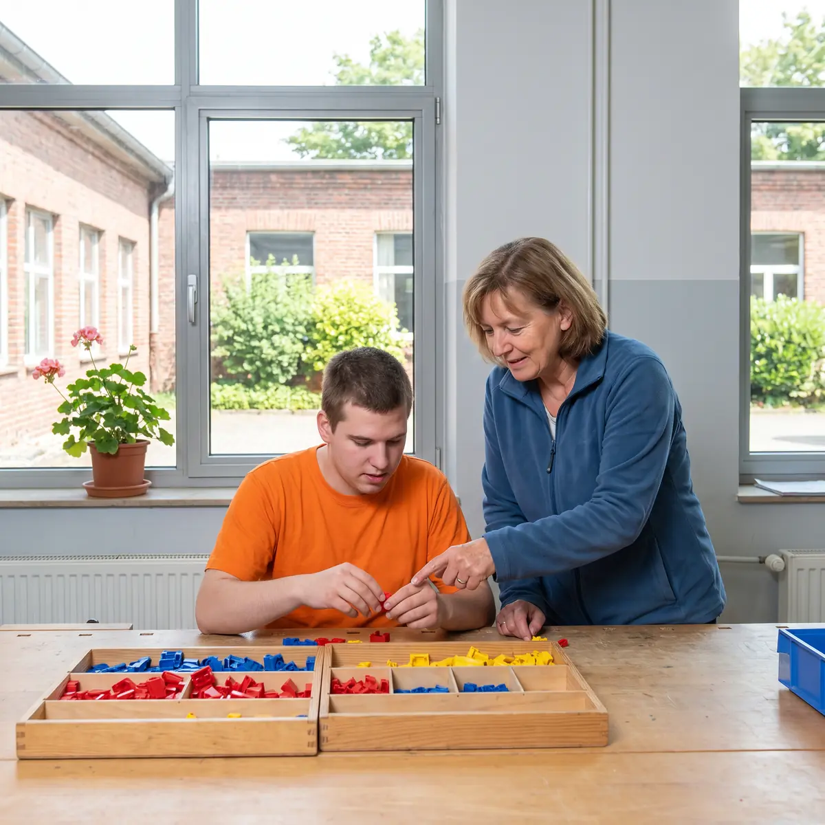 Eine Anleiterin und ein Werkstattbeschäftigter sortieren an einer Werkbank bunte Kleinteile in Setzkästen