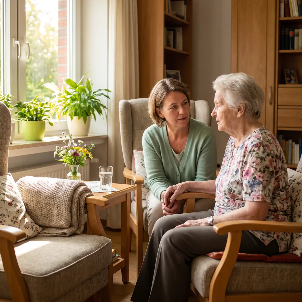 Eine Hospizbegleiterin und eine ältere Frau sitzen nebeneinander in Sesseln und sprechen miteinander