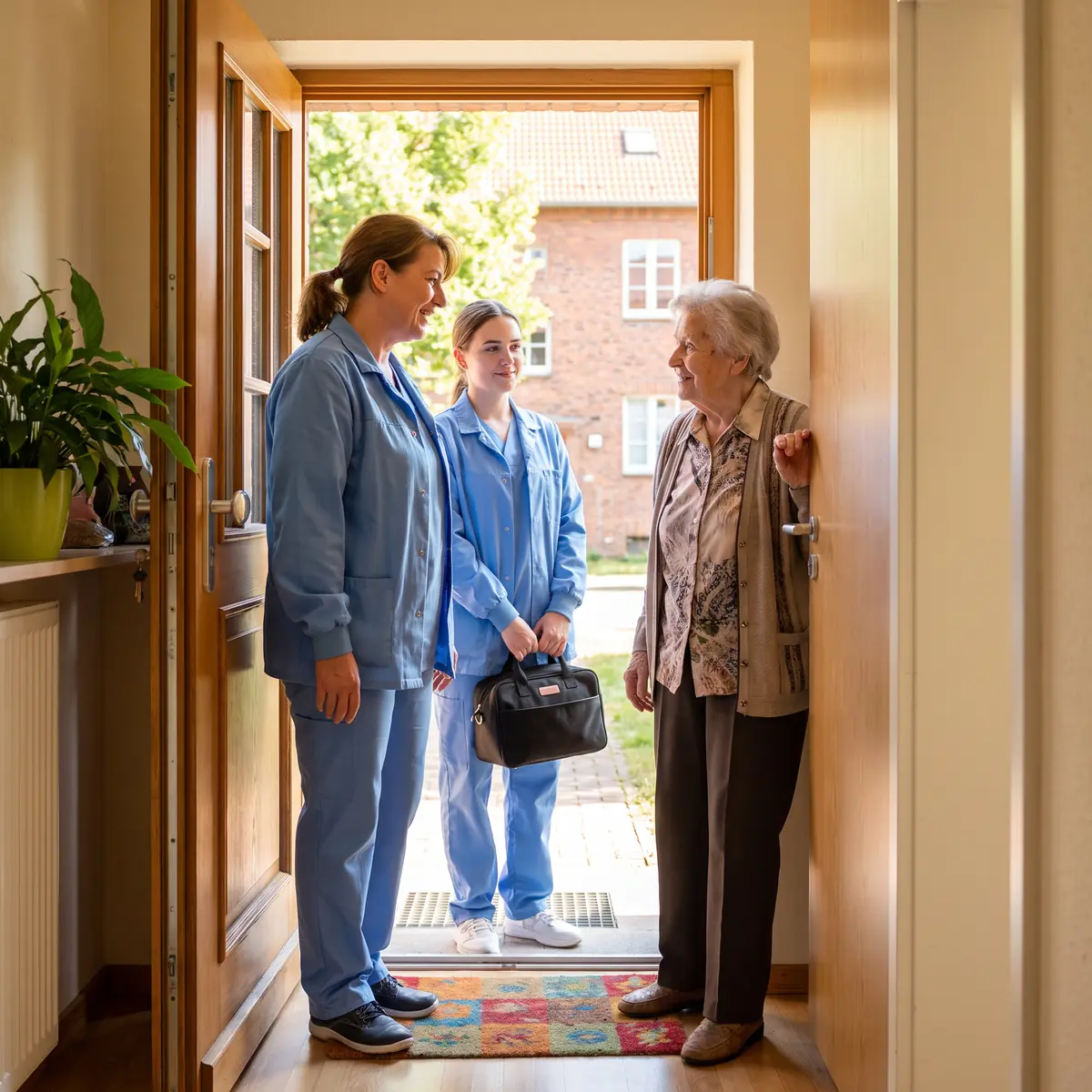 Zwei Pflegekräfte eines ambulanten Dienstes stehen vor der geöffneten Wohnungstür und begrüßen eine Seniorin