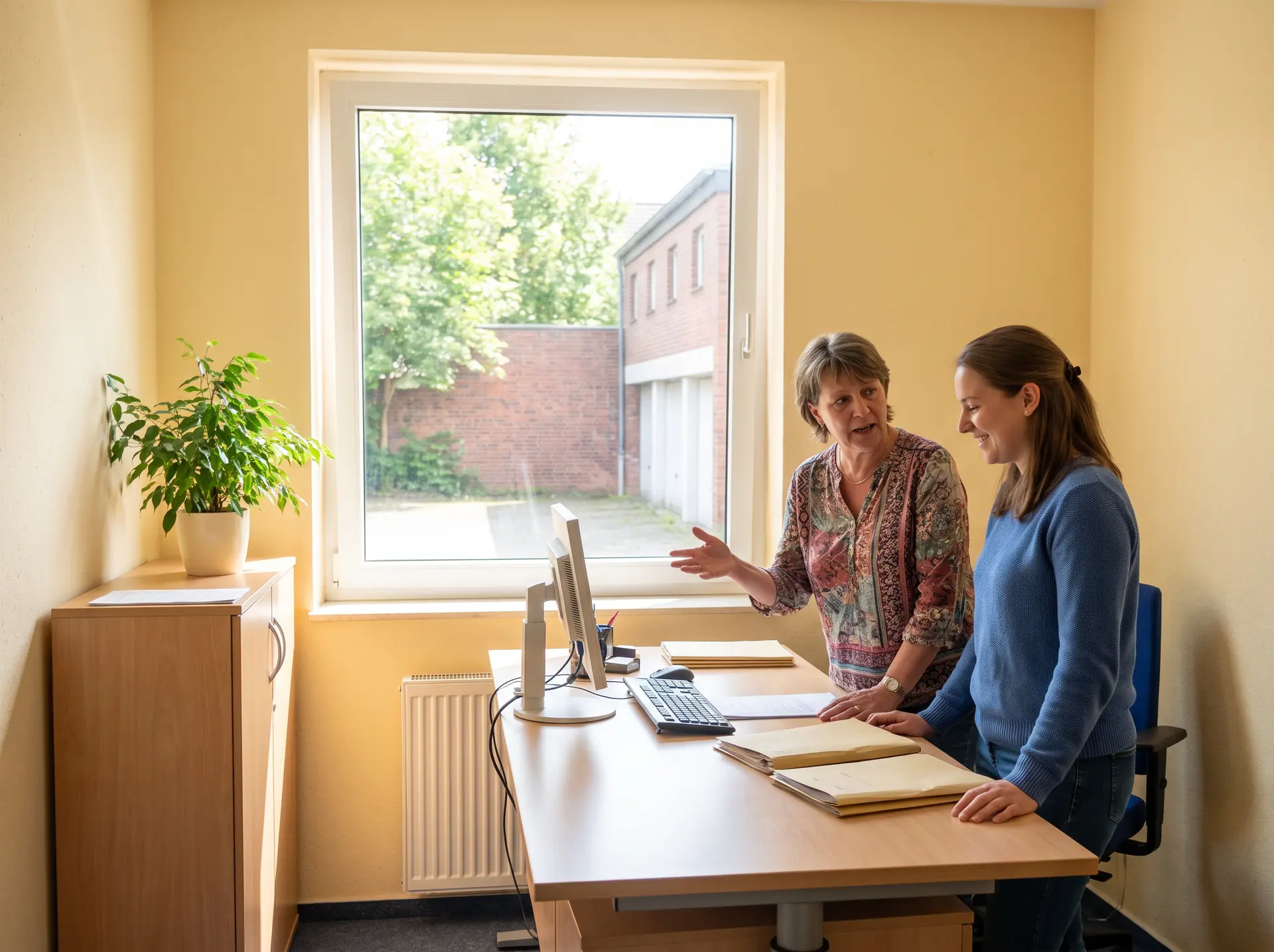Zwei Mitarbeiterinnen stehen an einem Schreibtisch im hellen Büro und gehen Unterlagen durch