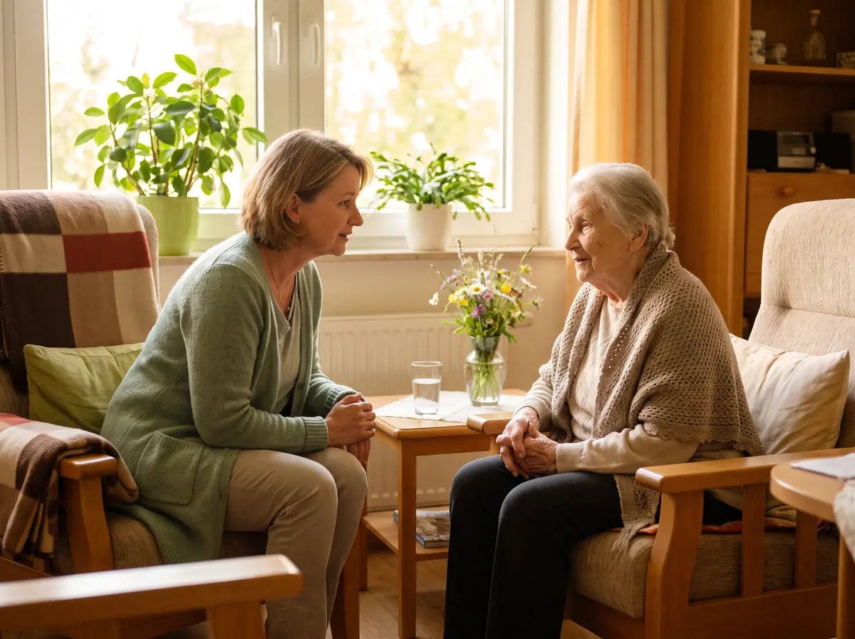 Eine Hospizbegleiterin sitzt in einem hellen Wohnzimmer neben einer älteren Frau im Sessel und spricht mit ihr