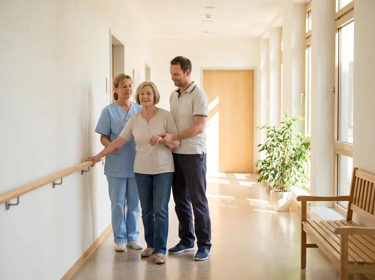 Eine Pflegekraft und ein Therapeut begleiten eine Patientin auf dem hellen Flur einer Reha-Einrichtung