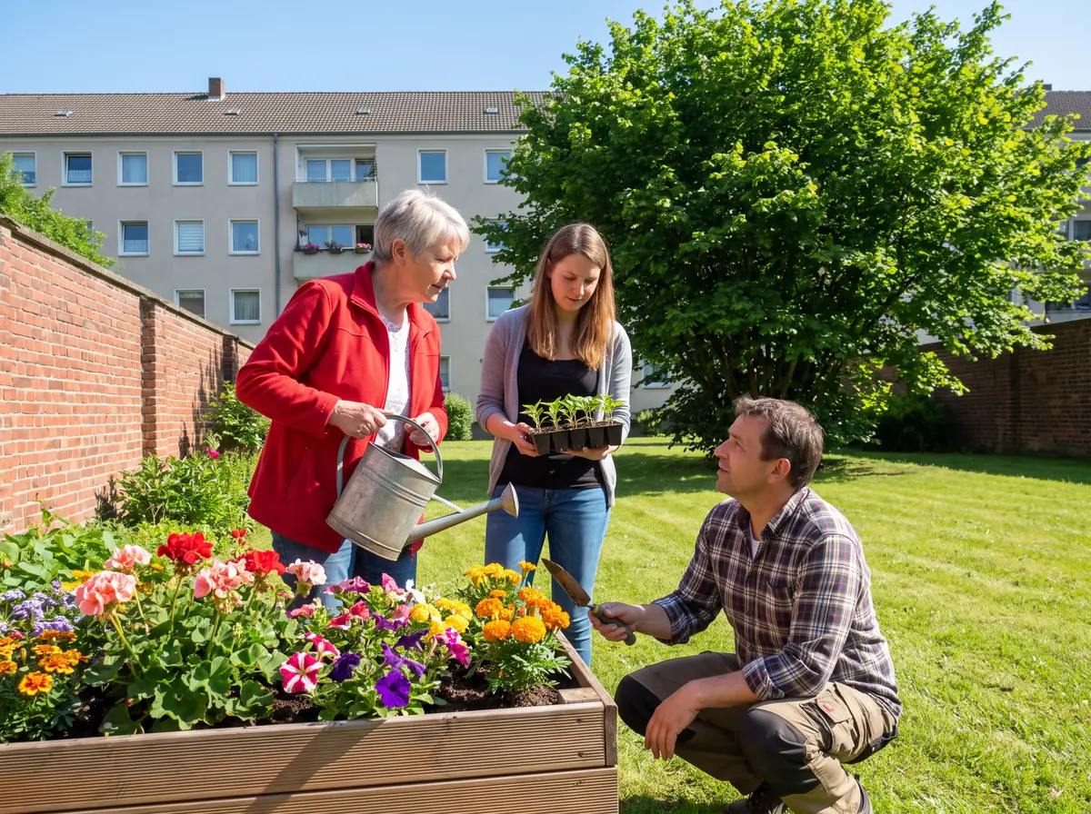 Drei Ehrenamtliche eines Nachbarschaftsvereins bepflanzen im Innenhof eines Wohnblocks ein Hochbeet