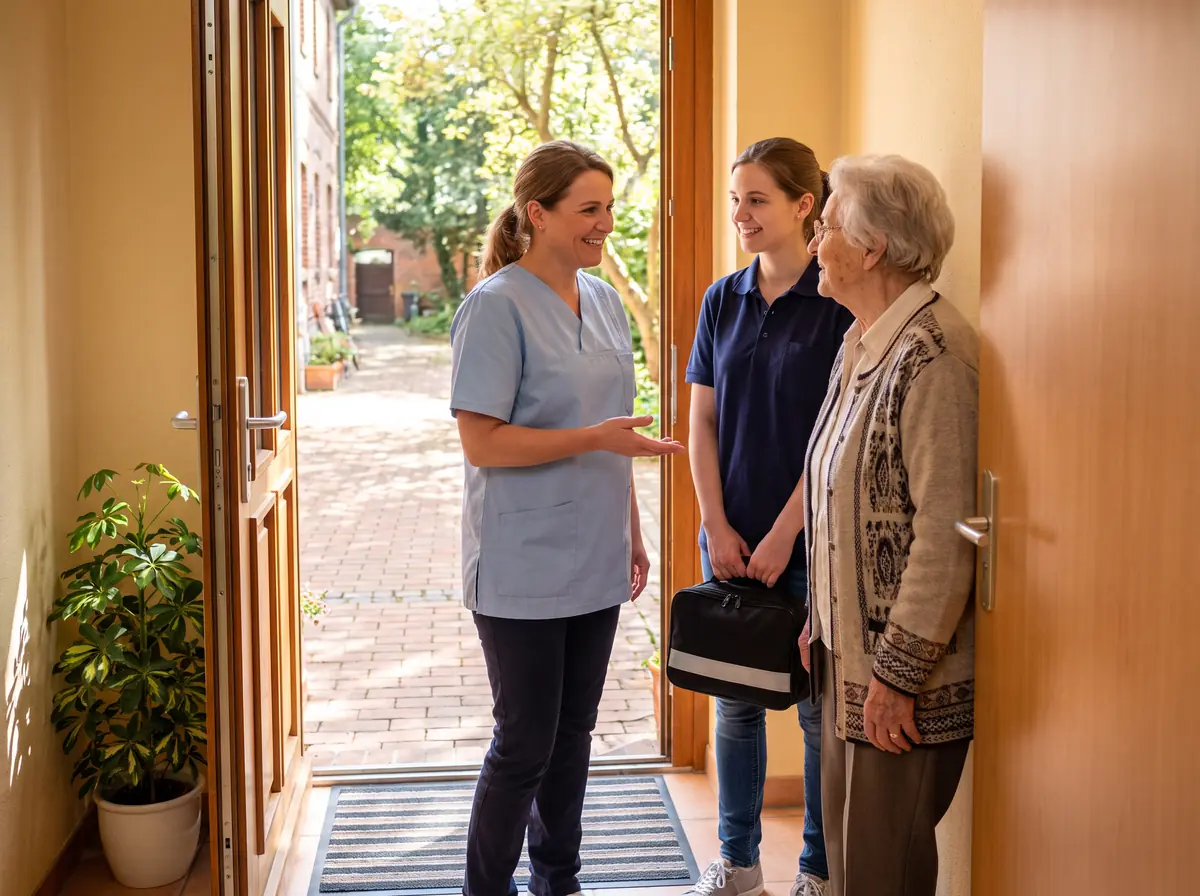 Zwei Pflegekräfte eines ambulanten Dienstes stehen in der offenen Wohnungstür und sprechen mit einer Seniorin