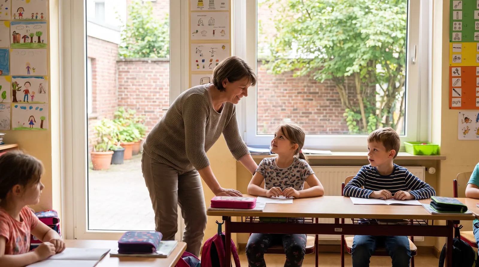 Lehrerin unterstützt ein Grundschulkind am Tisch, weitere Kinder im hellen Klassenzimmer, freundliche Stimmung.