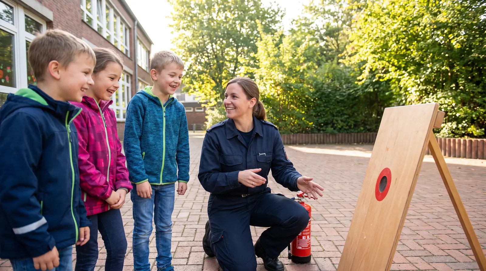 Feuerwehrfrau erklärt lachenden Kindern vor einer Grundschule den Umgang mit einem Feuerlöscher.