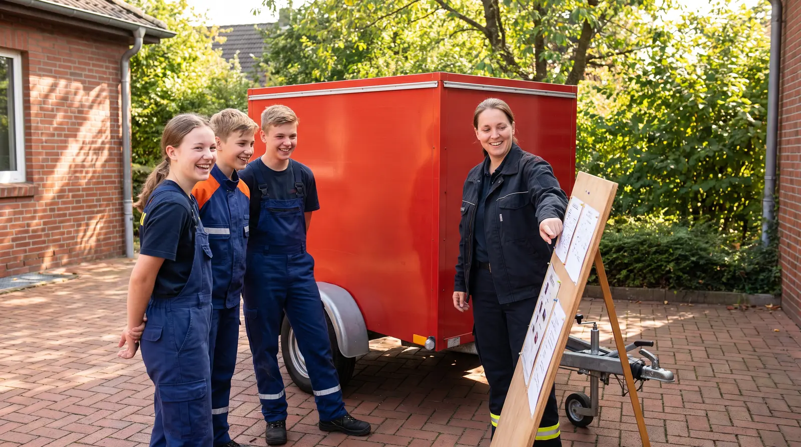 Lachende Jugendfeuerwehr-Gruppe in Übungsuniform mit einer Ausbilderin vor einem roten Kofferanhänger.