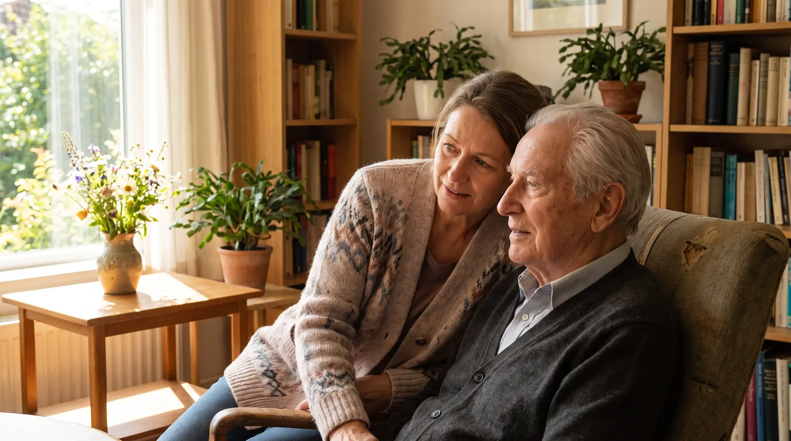 Pflegekraft hält die Hand einer älteren Patientin am Krankenbett. Würdevolle Begleitung am Lebensende.