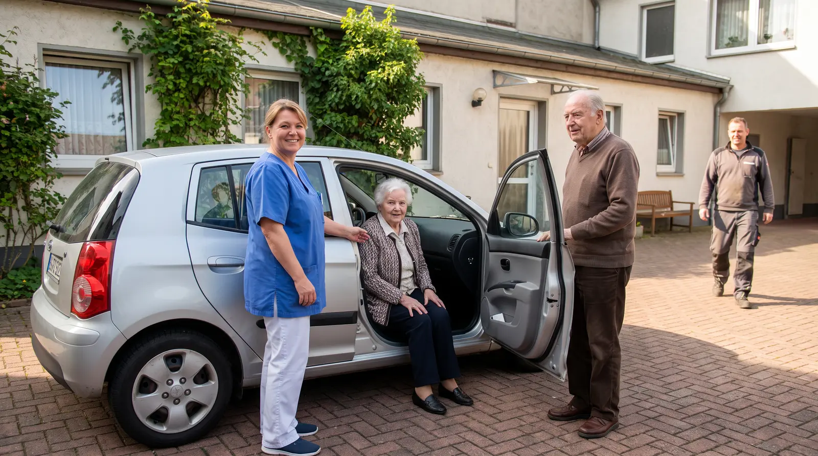 Pflegerin hilft einer älteren Person vor einer Hospiz-Einrichtung aus dem Auto, freundliche, würdevolle Stimmung.