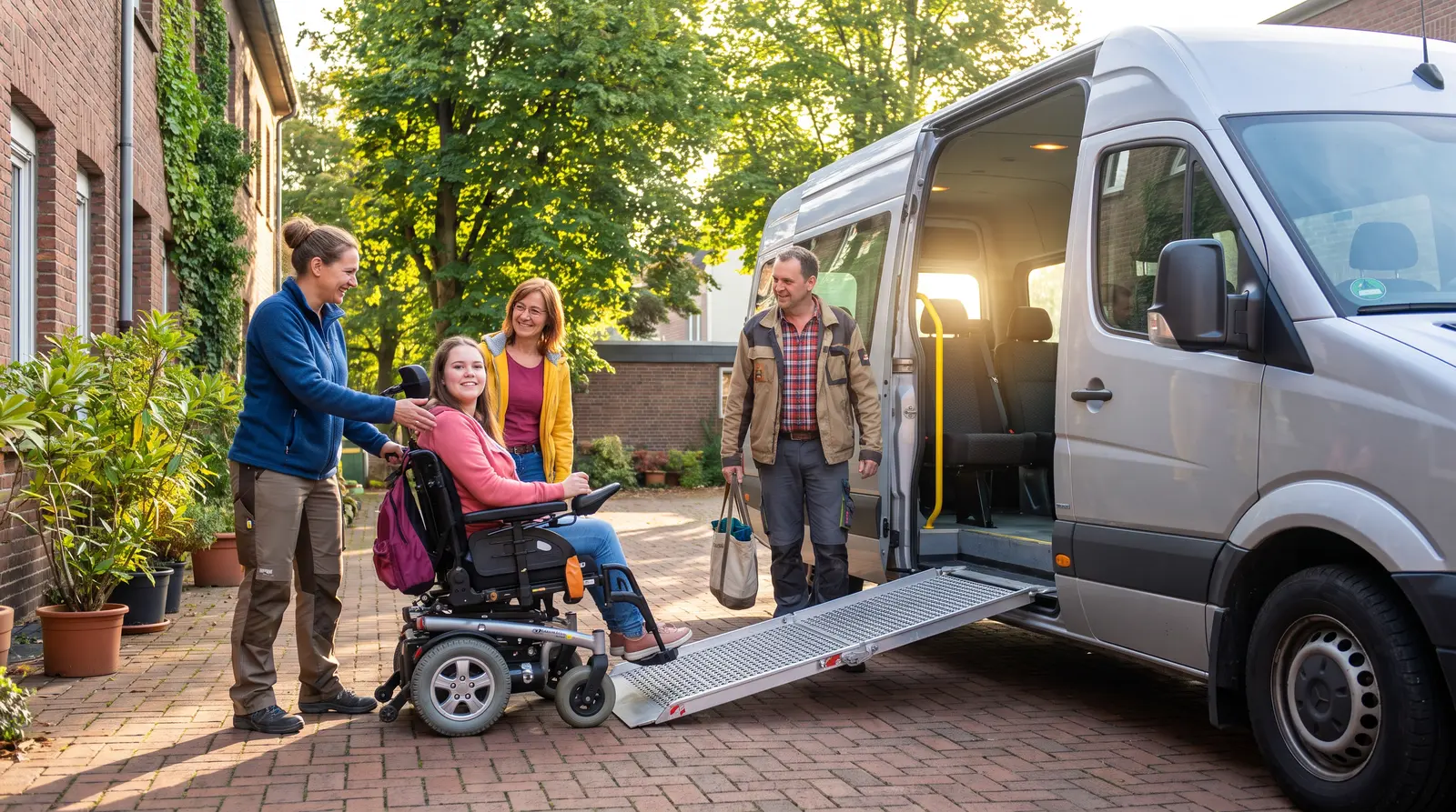 Betreuerin hilft einer jungen Frau im Rollstuhl über die Rampe in einen Kleinbus, die Wohngruppe lächelt.