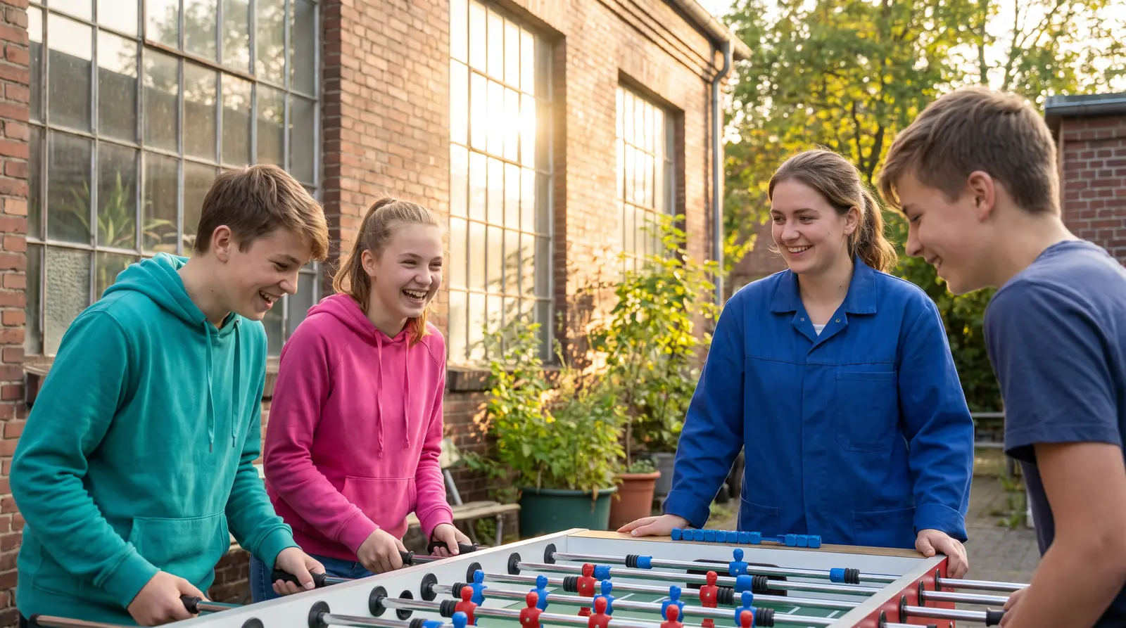 Jugendliche spielen lachend Tischkicker im Jugendzentrum, eine Betreuerin daneben.