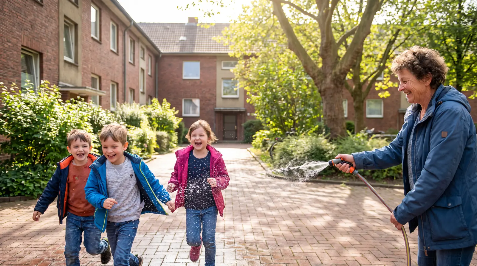 Lachende Kinder spielen mit einer Betreuerin auf einem sonnigen städtischen Platz.