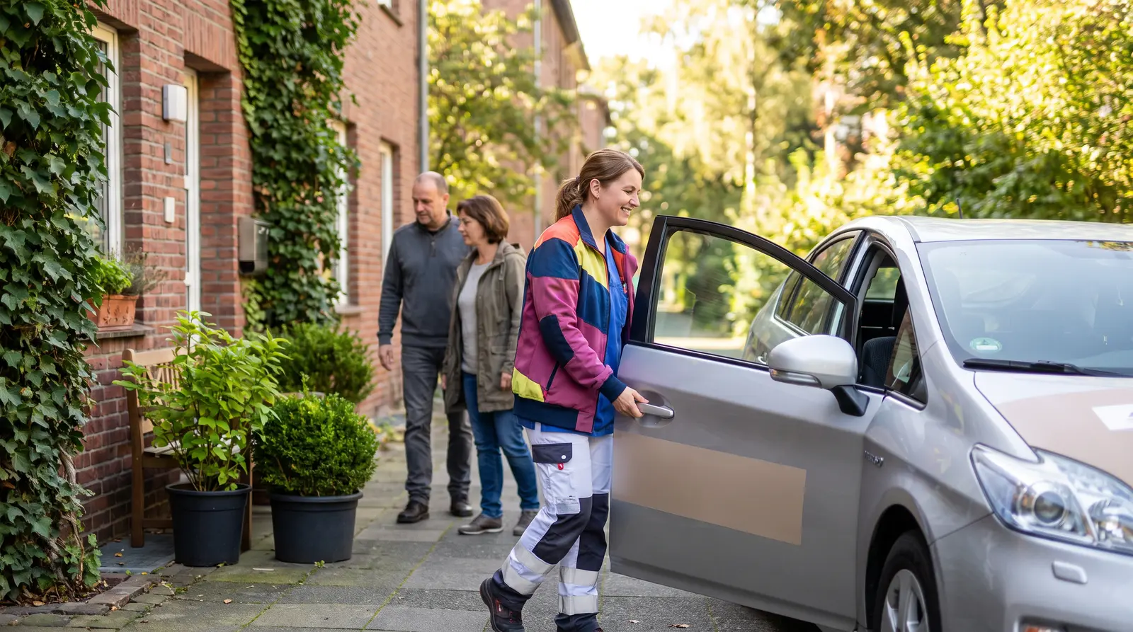 Pflegerin steigt vor einer sozialen Einrichtung in einen Hybrid-Kleinwagen mit Sponsorenlogos.