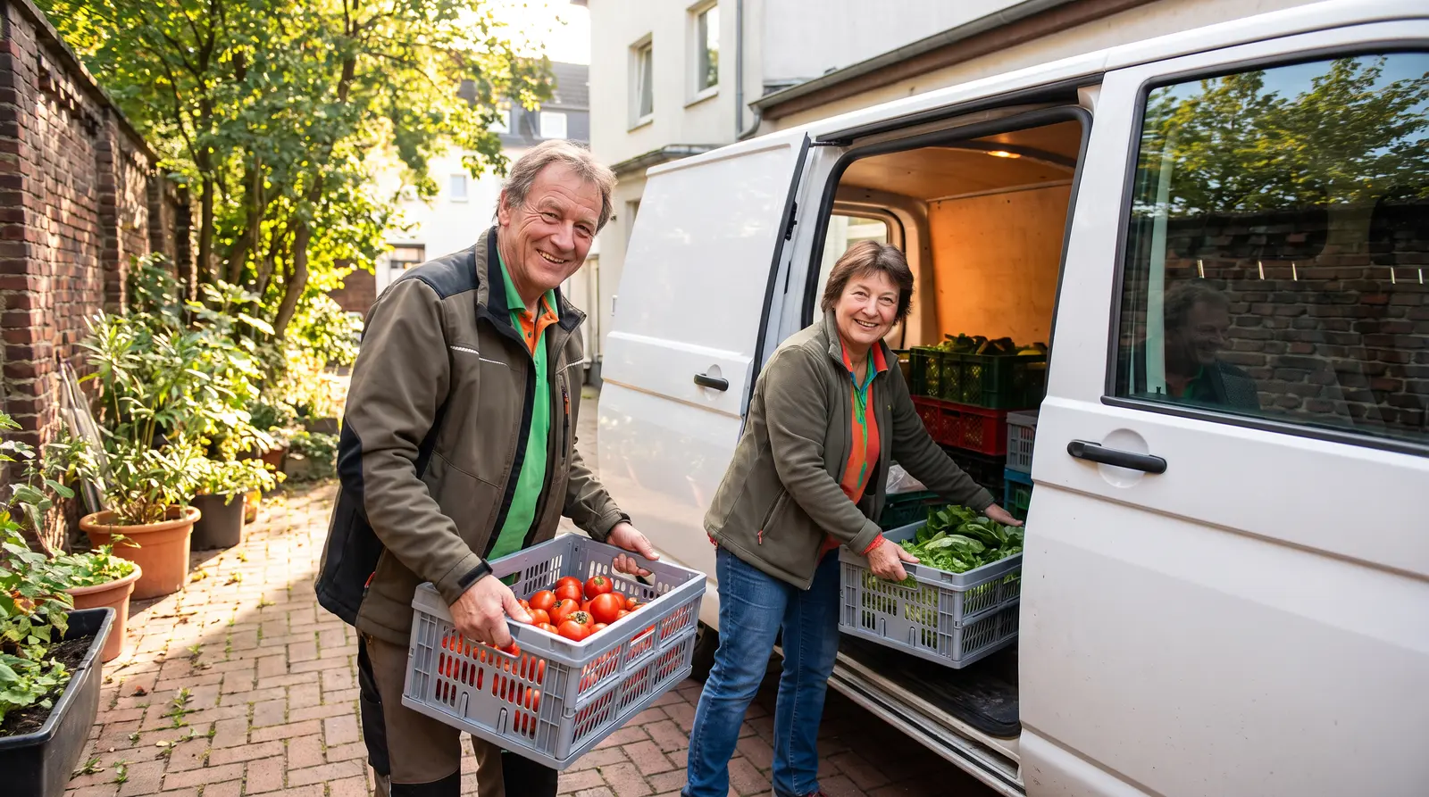 Zwei ehrenamtliche Helfer:innen beladen lächelnd einen Kastenwagen mit Kisten voller Obst und Gemüse.