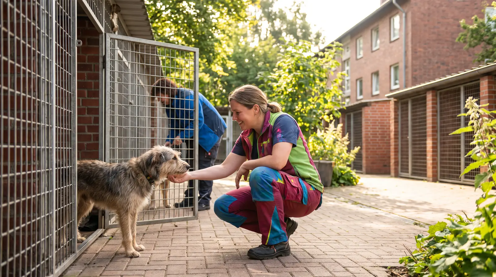 Lächelnde Tierpflegerin begrüßt einen Mischlingshund im Hof eines Tierheims.