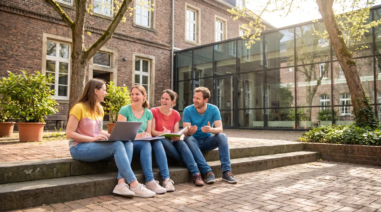 Lachende Studierende mit Laptops sitzen auf den Stufen vor einem Hochschulgebäude mit Glasanbau.