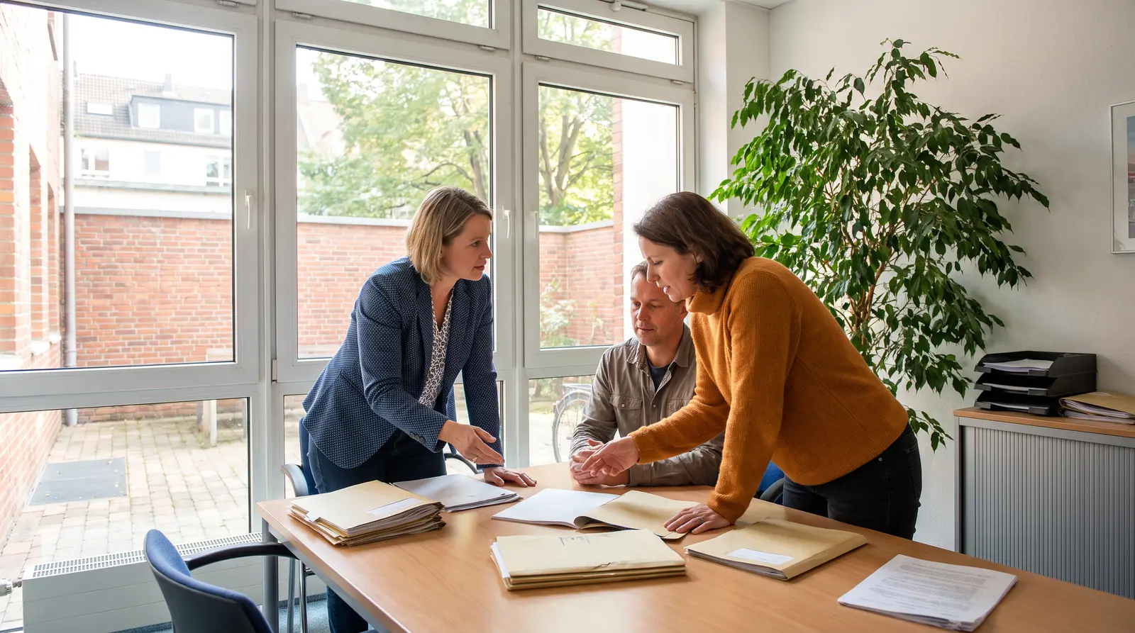 Unternehmerin und Pro Humanis-Berater besprechen freundlich ein Sponsoring-Angebot in einem hellen Büro.