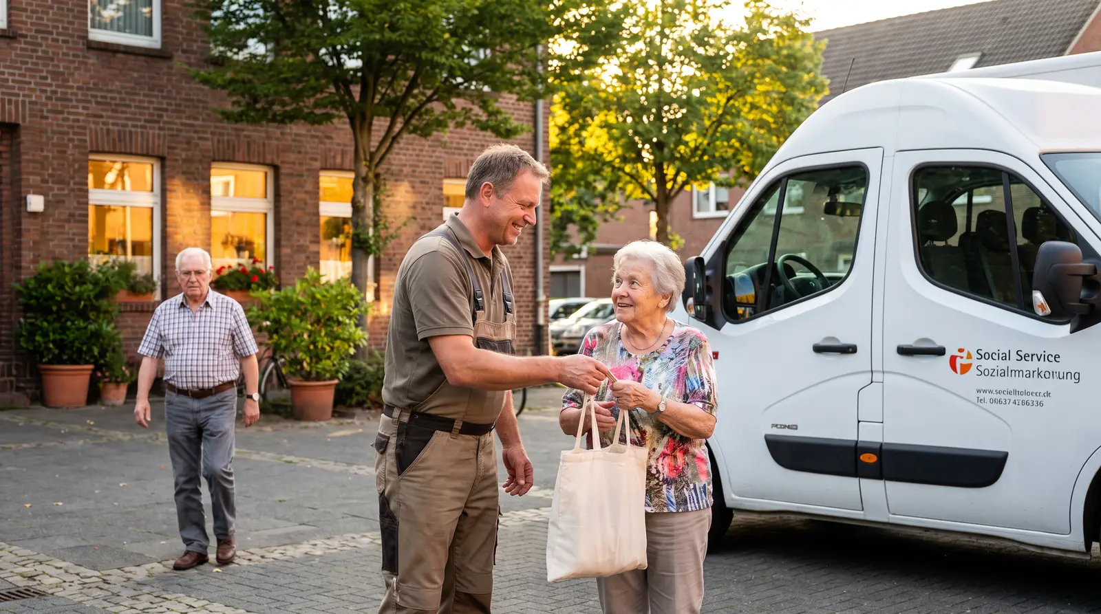 Helferin reicht einer älteren Frau auf einem Quartiersplatz eine Tasche, daneben ein Kleinbus einer sozialen Einrichtung.